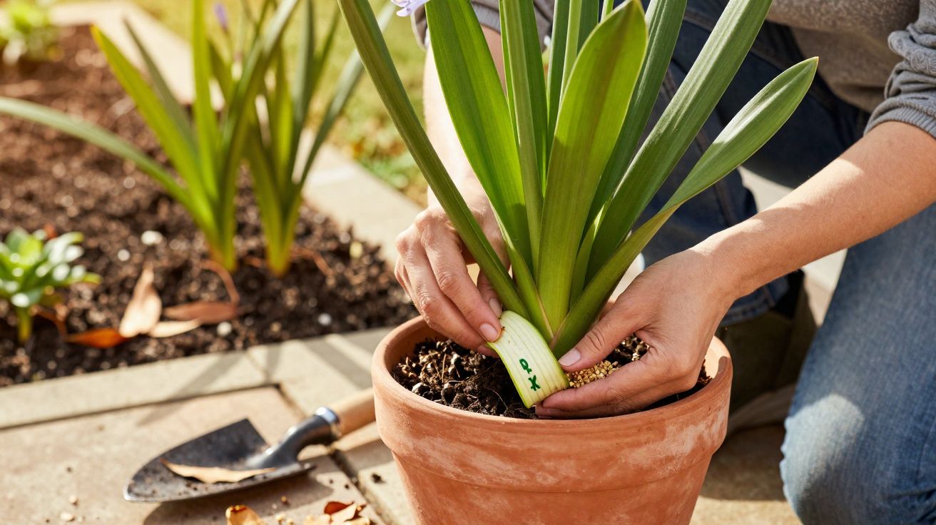 Pessoa a colocar marcador de identificação numa planta em vaso de barro num jardim.