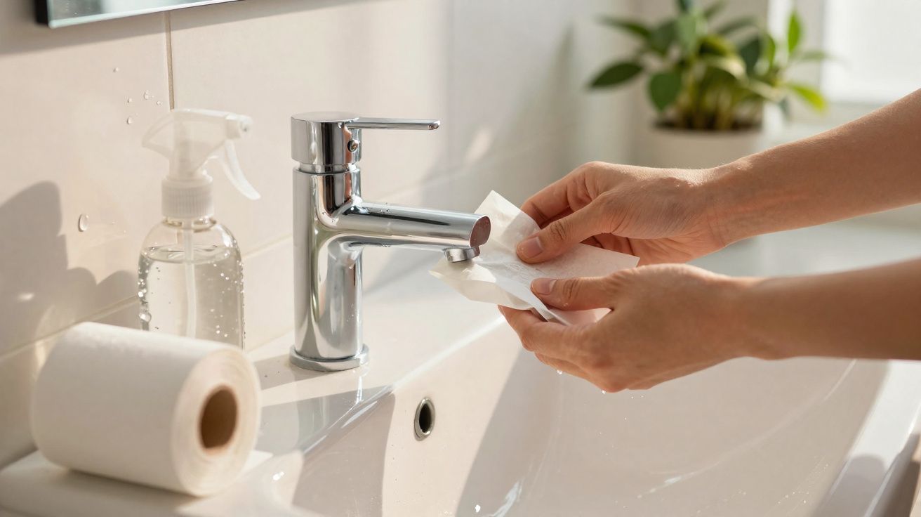 Mãos a limpar uma torneira de lavatório com um papel húmido, com rolo de papel e spray ao lado.
