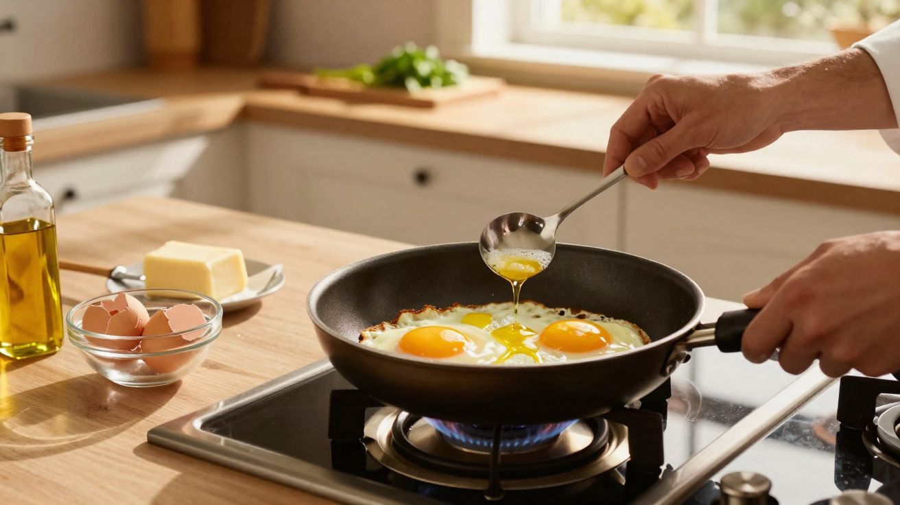 Pessoa a cozinhar ovos estrelados numa frigideira sobre o fogão a gás numa cozinha iluminada.