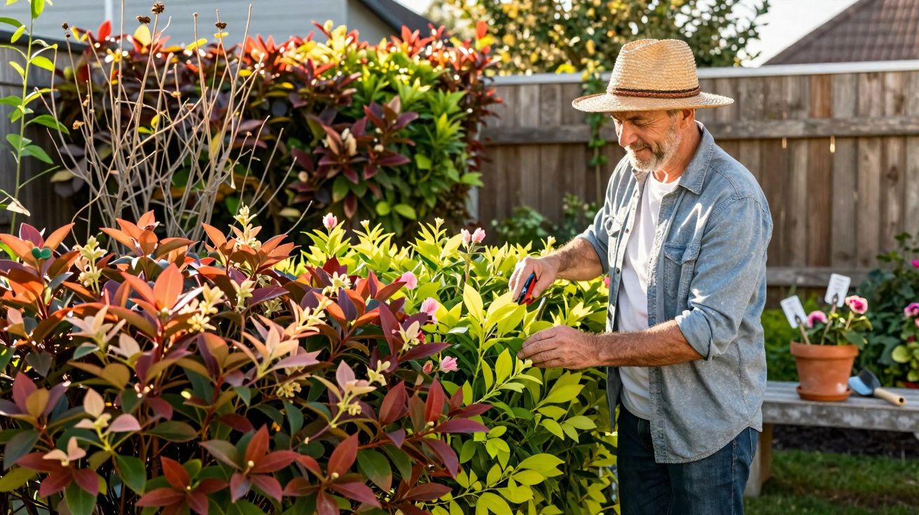 Homem idoso a aparar arbustos coloridos num jardim exterior, com chapéu de palha e sorriso tranquilo.
