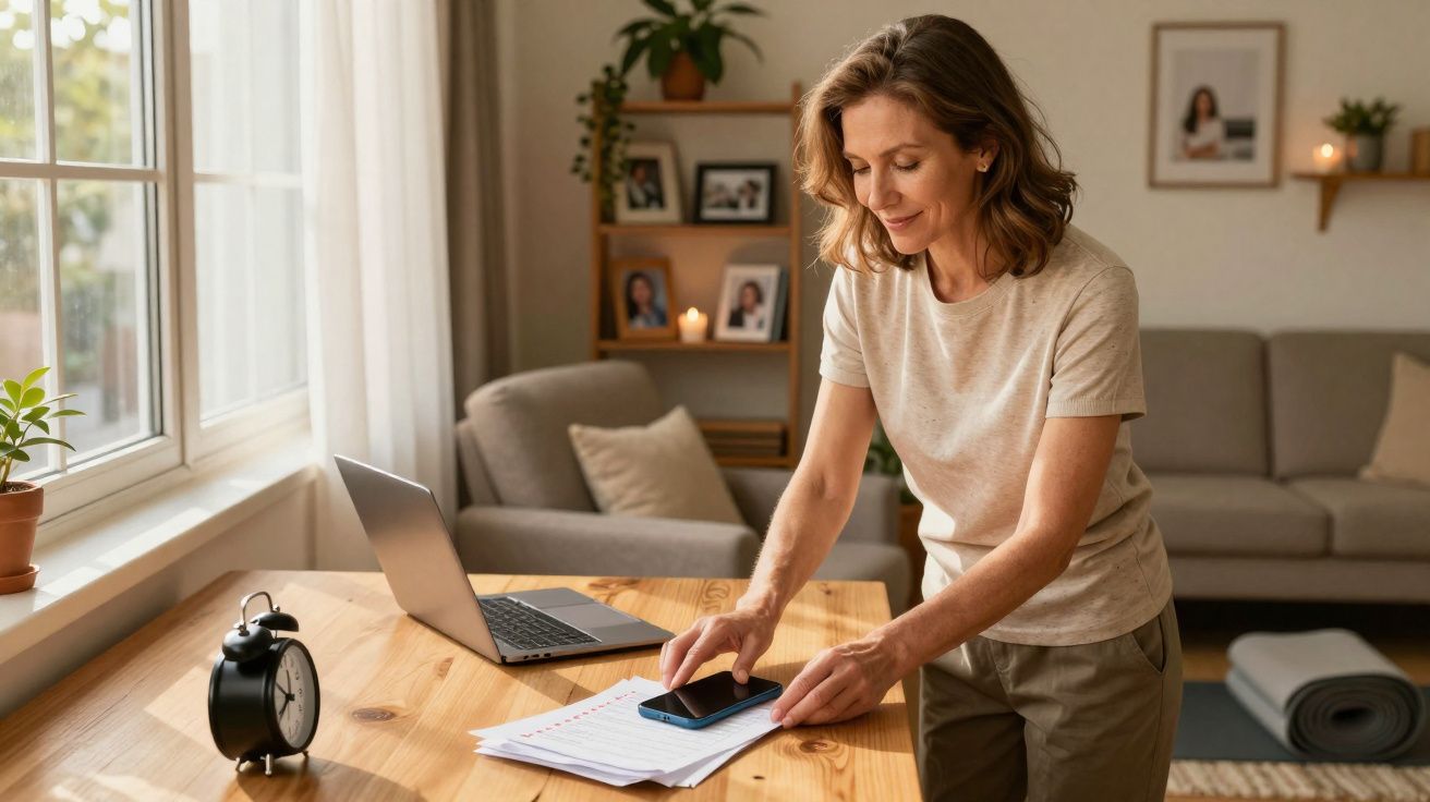 Mulher a organizar documentos numa mesa de madeira com computador e alarme, numa sala iluminada.