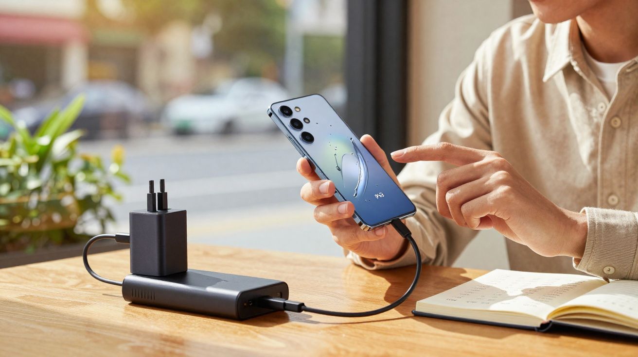 Pessoa a segurar smartphone ligado a power bank e carregador junto a caderno aberto numa mesa de madeira.