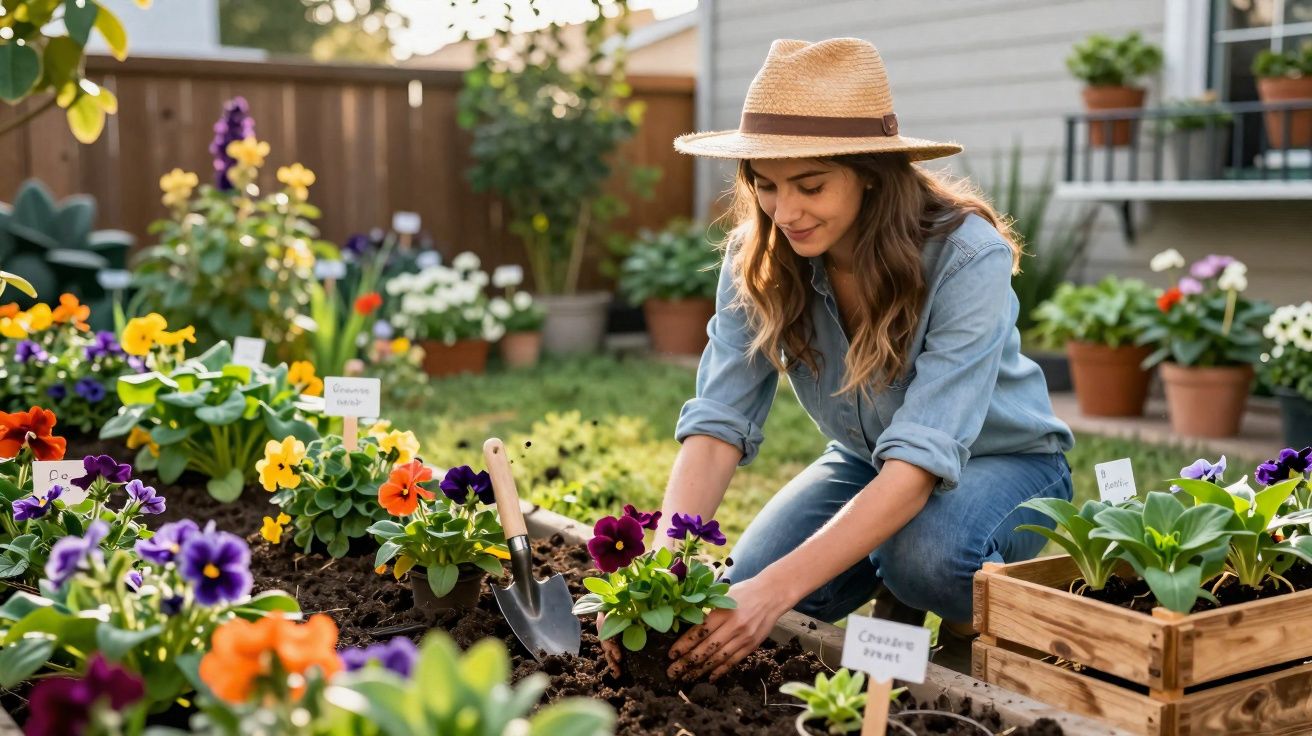 Mulher com chapéu a cuidar de flores coloridas num jardim com vasos e canteiros ao ar livre.
