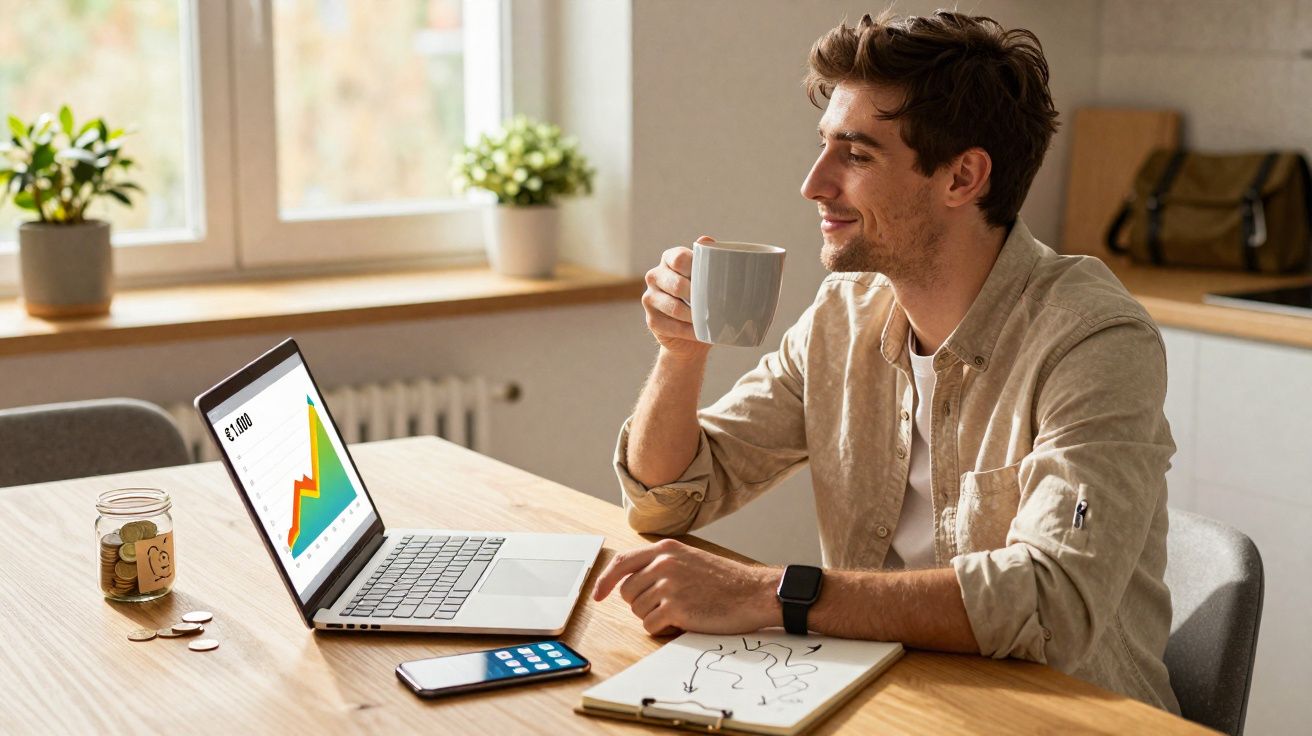 Homem sentado numa mesa com computador portátil, gráfico financeiro no ecrã, a beber café e sorrir.