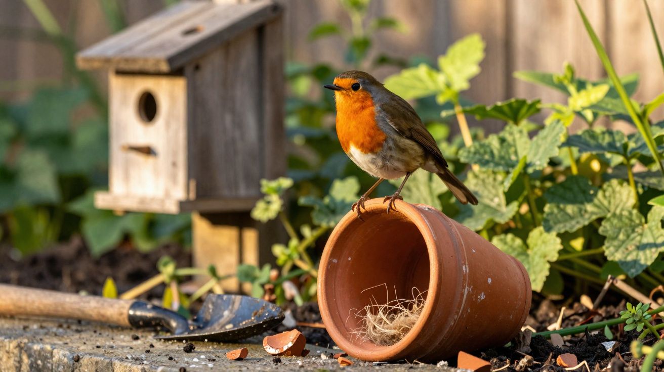 Pardal vermelho pousado numa pequena floreira de barro tombada num jardim com caixa ninho ao fundo.