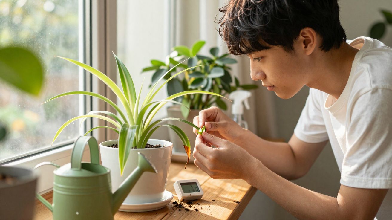 Jovem a cuidar de plantas numa janela, removendo folha seca de planta em vaso branco.
