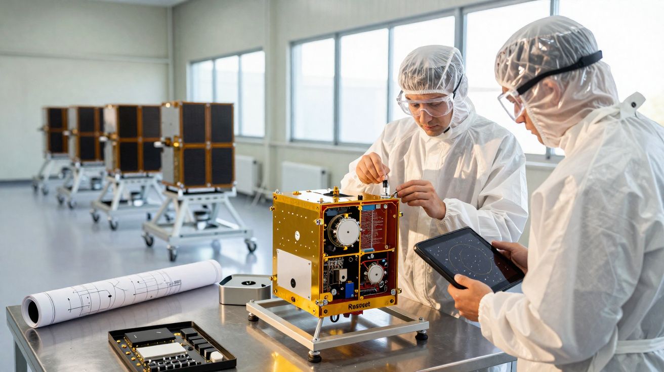 Dois técnicos em proteção de laboratório trabalham num pequeno satélite com esquemas e equipamentos numa sala iluminada.