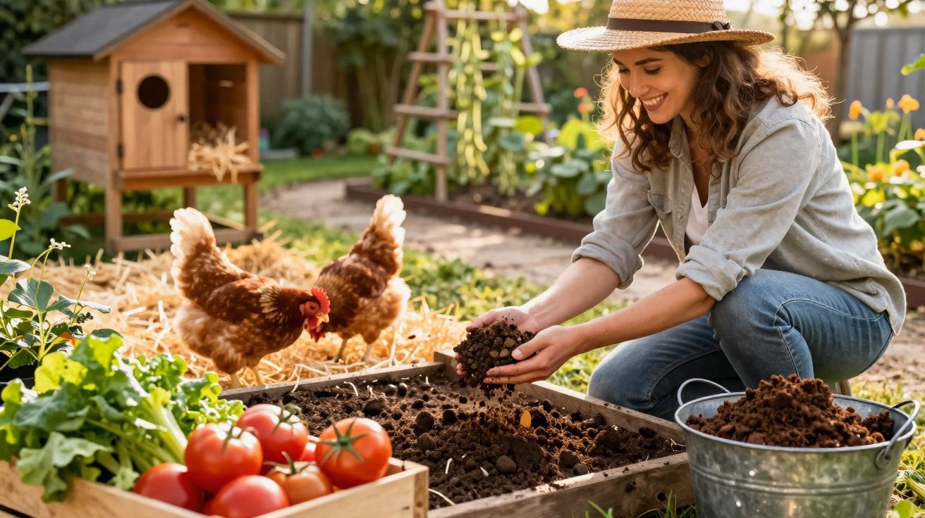 Mulher a cultivar terra num jardim com galinhas, legumes e um galinheiro ao fundo.