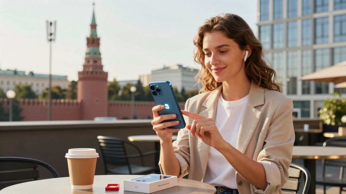 Mulher sentada numa esplanada a usar smartphone com auriculares, mesa com chávena de café e caixa de telemóvel.