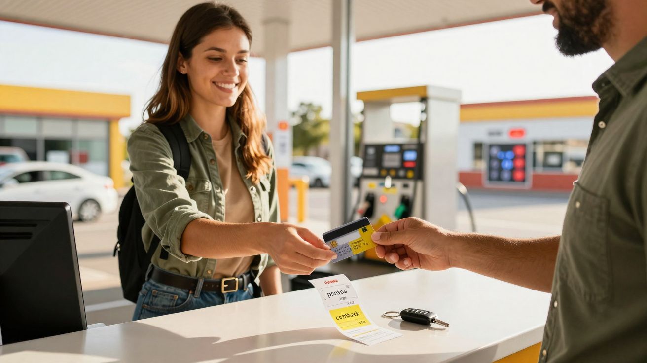 Mulher a pagar com cartão numa bomba de combustível enquanto recebe um recibo num posto de gasolina.