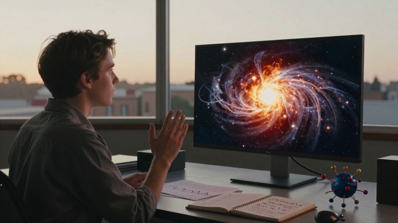 Pessoa a observar e interagir com um ecrã que mostra uma galáxia brilhante em espiral no espaço.