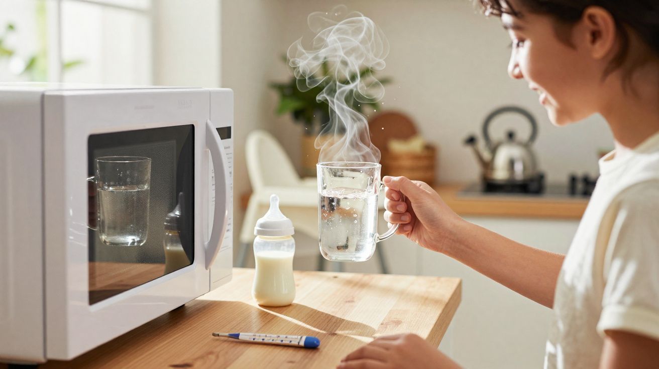 Mulher segura chávena de água quente ao lado de micro-ondas, mamadeira e termómetro numa cozinha luminosa.