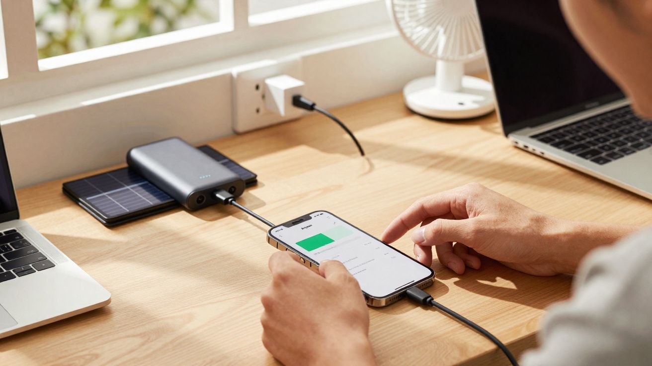 Pessoa a carregar smartphone numa mesa com portátil, power bank e ventilador junto à janela.