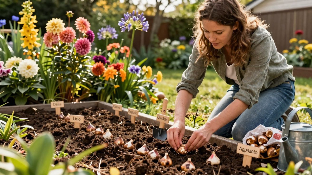 Mulher a plantar bulbos de flores num canteiro com flores coloridas num jardim ensolarado.