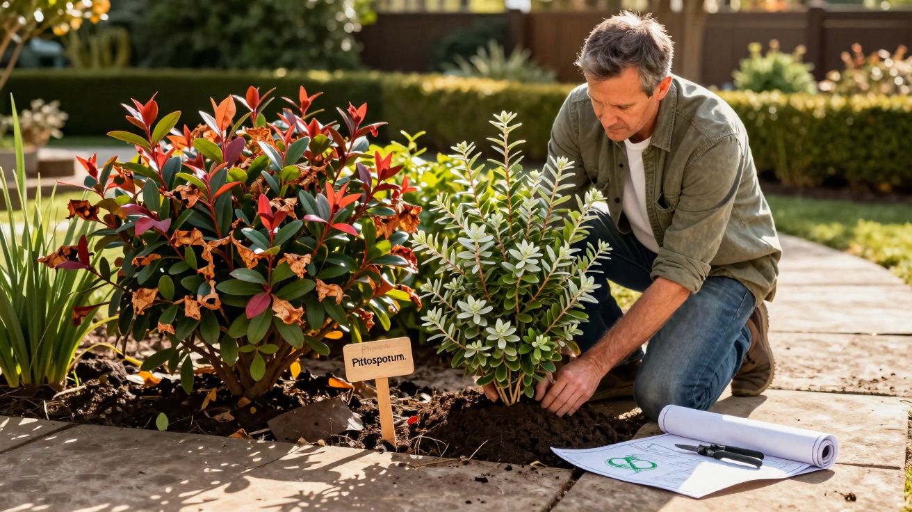 Homem a plantar uma planta Pittosporum num jardim, ao lado de outra ja plantada e plantas de apoio.