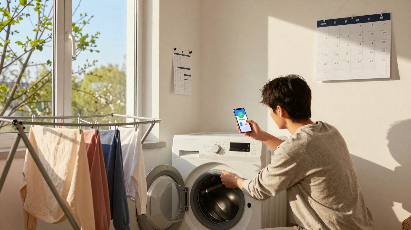 Jovem a usar smartphone para controlar máquina de lavar roupa numa lavandaria iluminada pelo sol.