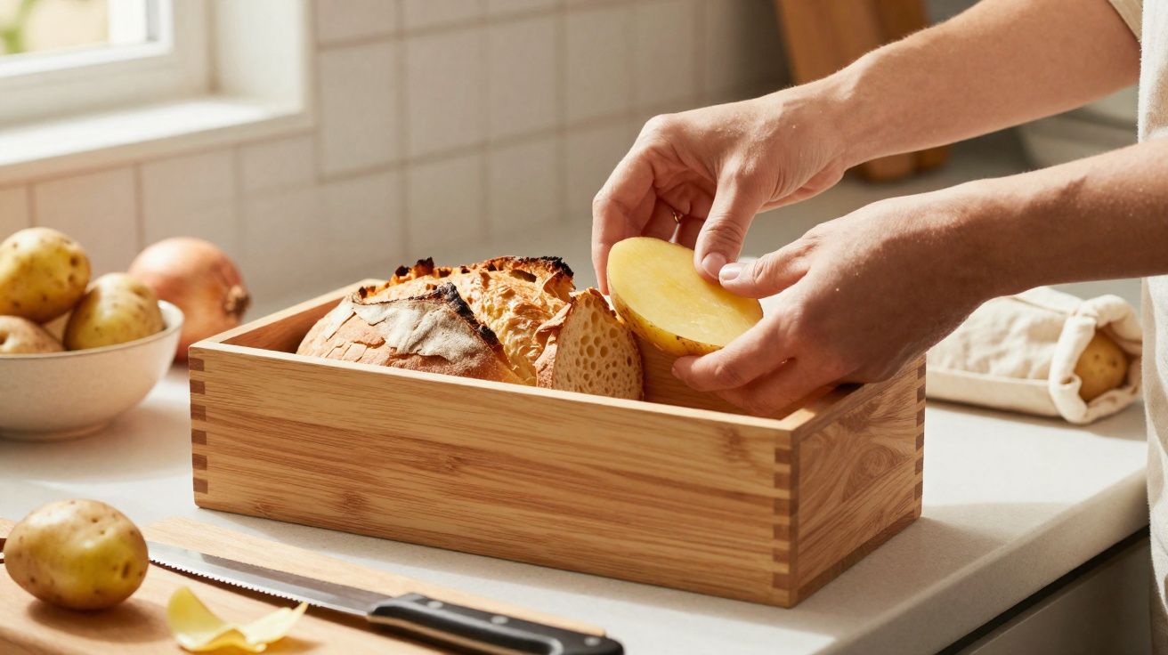 Mãos a guardar batatas e pão numa caixa de madeira numa cozinha iluminada por luz natural.