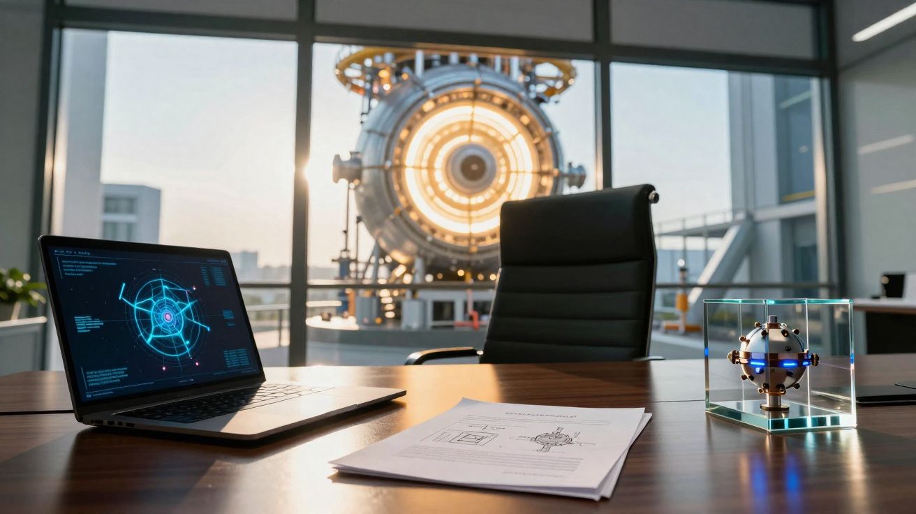 Escritório moderno com computador portátil, documentos, cadeira e máquina tecnológica futurista em exposição.