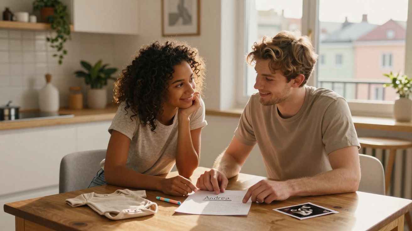 Casal jovem sentado à mesa, sorrindo e lendo um documento com uma ecografia ao lado.