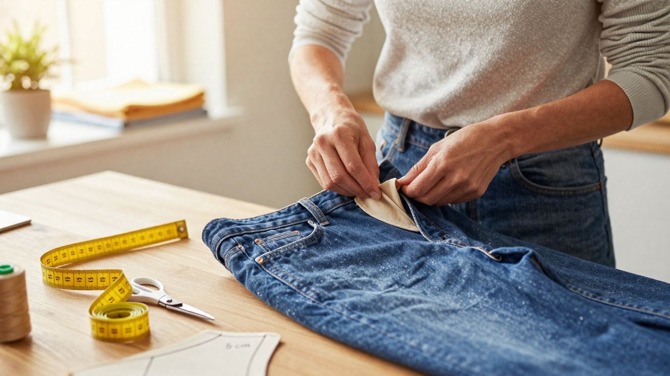 Pessoa a coser o forro de bolso em calças de ganga numa mesa com fita métrica, tesoura e molde.