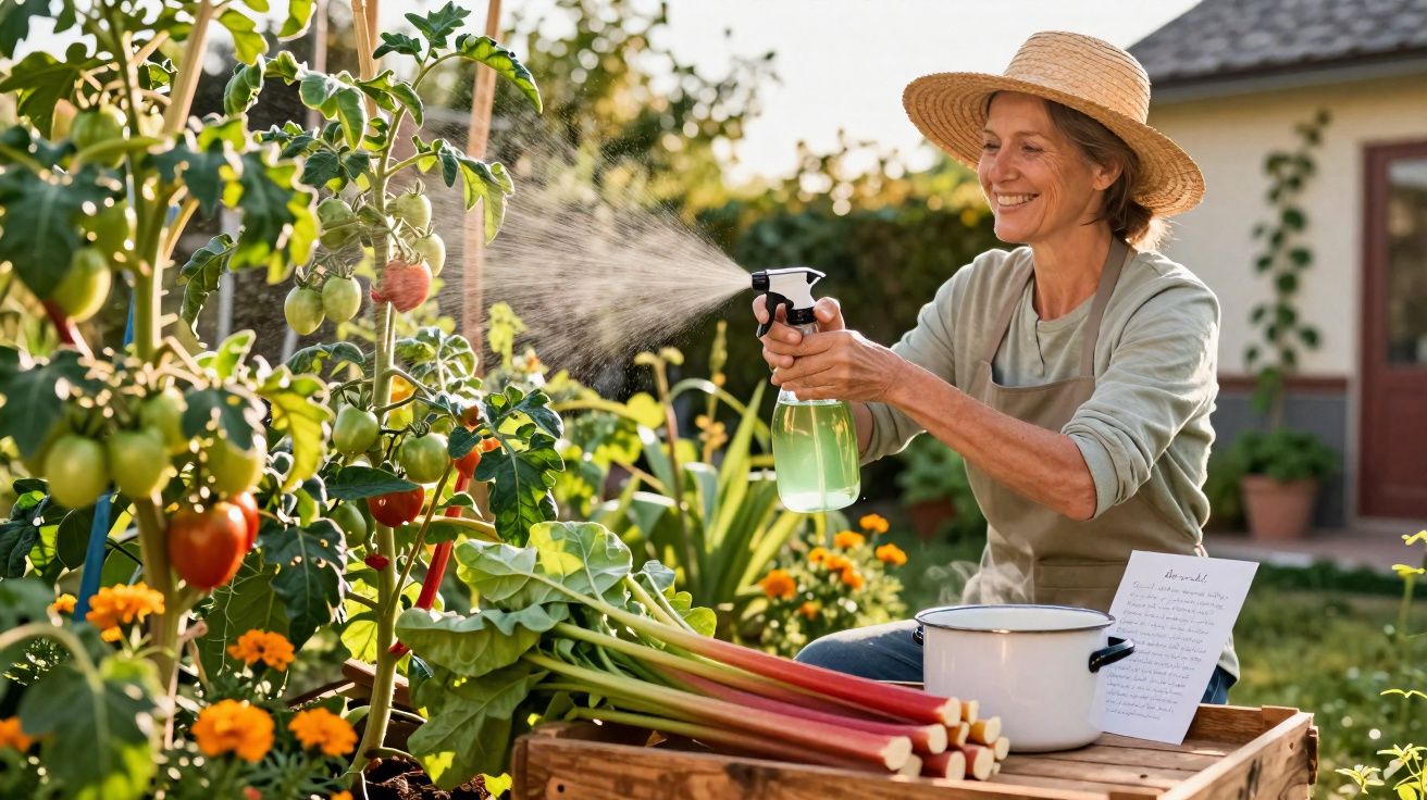 Mulher com chapéu rega plantas numa horta caseira cheia de tomateiros e flores.