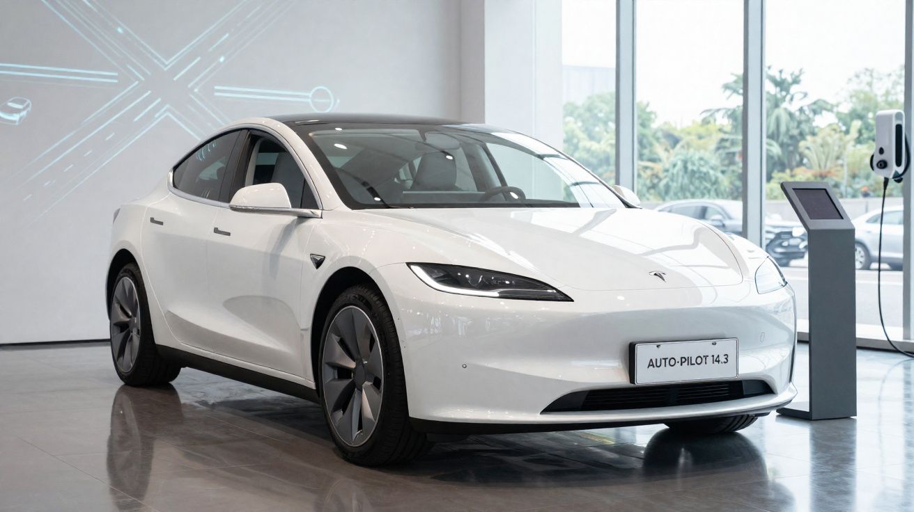 Carro elétrico branco Tesla Model S estacionado num showroom moderno com parede iluminada e carregador ao lado.