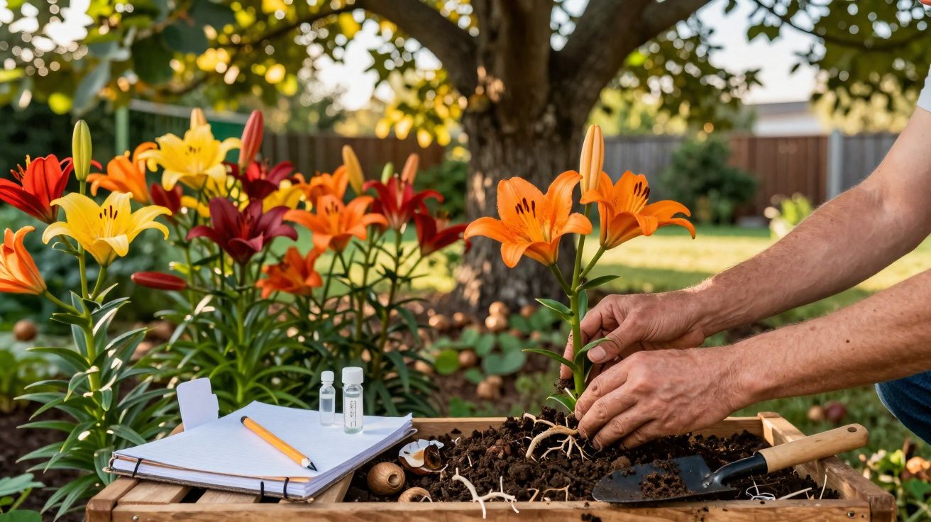 Mãos a plantar lírios laranjas numa caixa com terra, perto de várias flores e objetos de jardinagem.