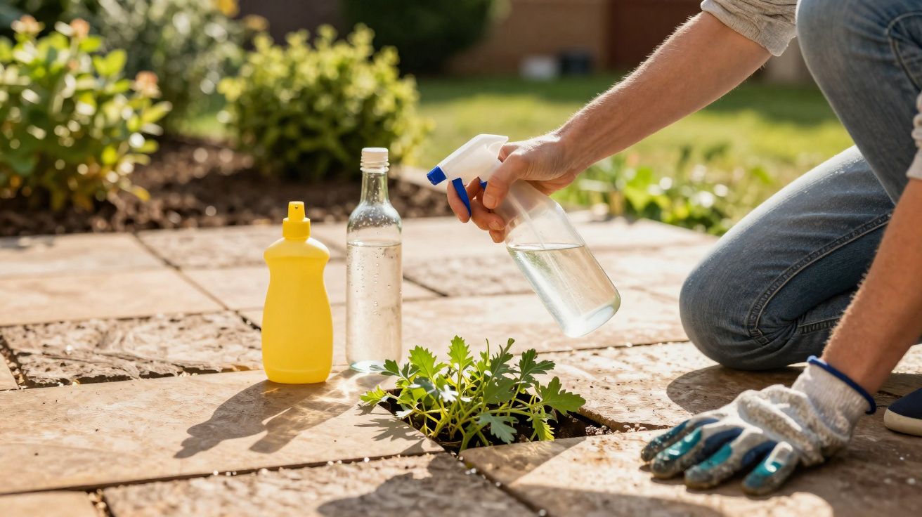 Pessoa a pulverizar planta que cresce entre pedras do chão, com garrafas e luvas de jardinagem ao lado.