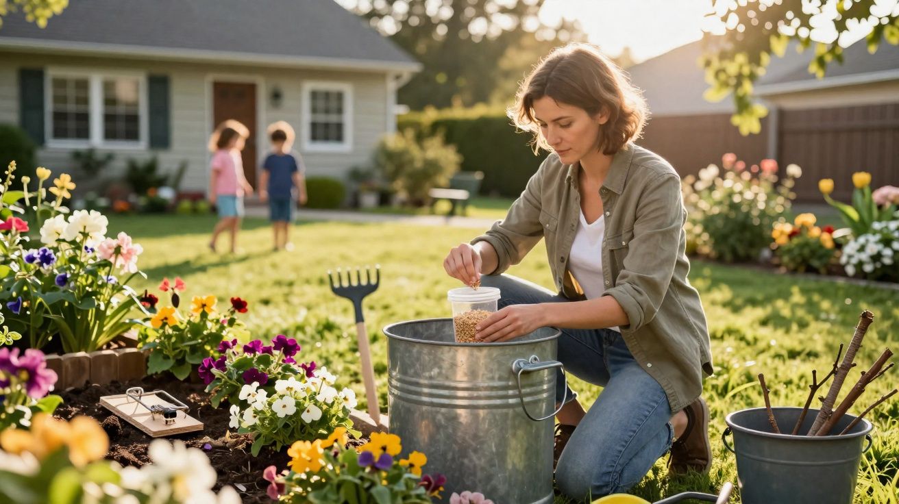 Mulher rega flores num jardim ensolarado, enquanto duas crianças brincam ao fundo numa casa.