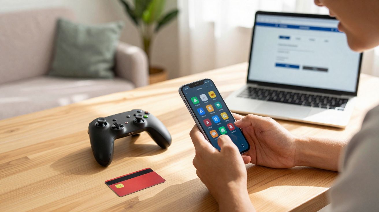 Pessoa a usar smartphone com ecrã de aplicações, controlador de jogos, cartão de crédito e portátil numa mesa de madeira.