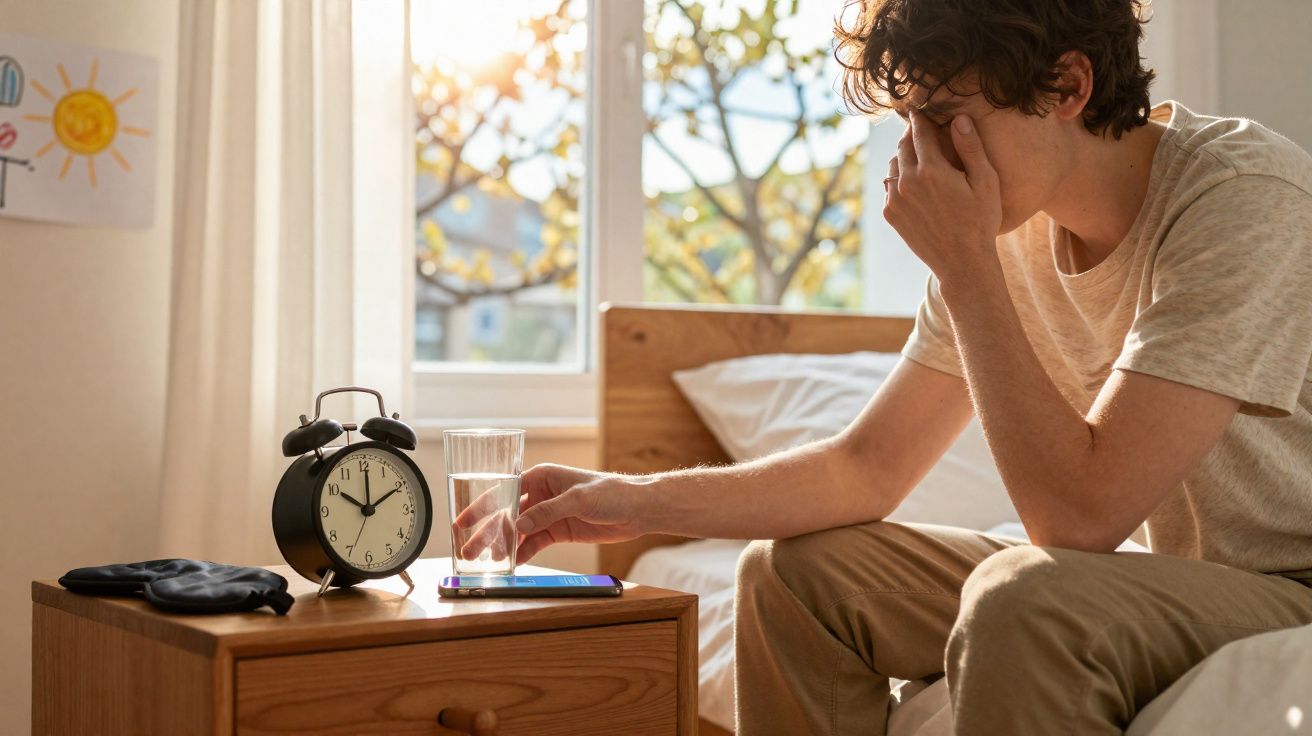 Homem sentado na cama de manhã a apanhar um copo de água na mesa de cabeceira com relógio despertador.