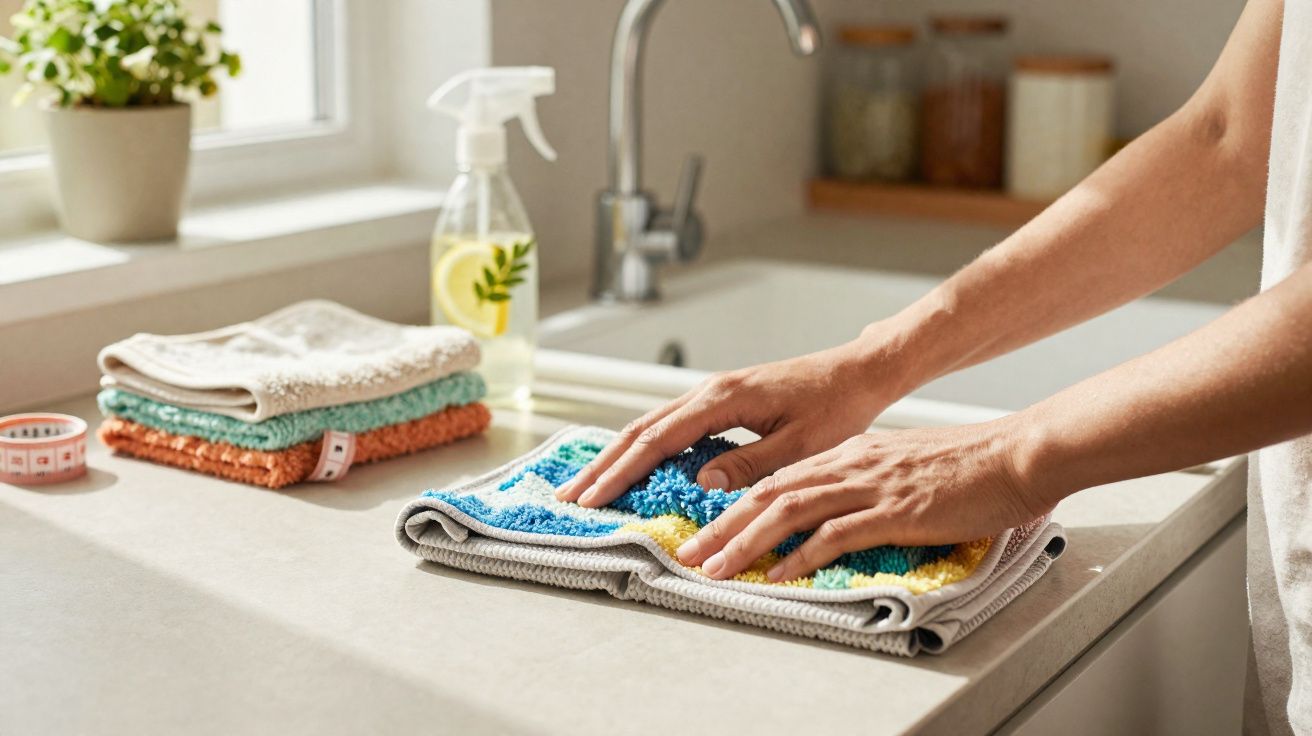 Mãos a limpar ou dobrar toalhas coloridas sobre bancada de cozinha com planta e pulverizador ao fundo.