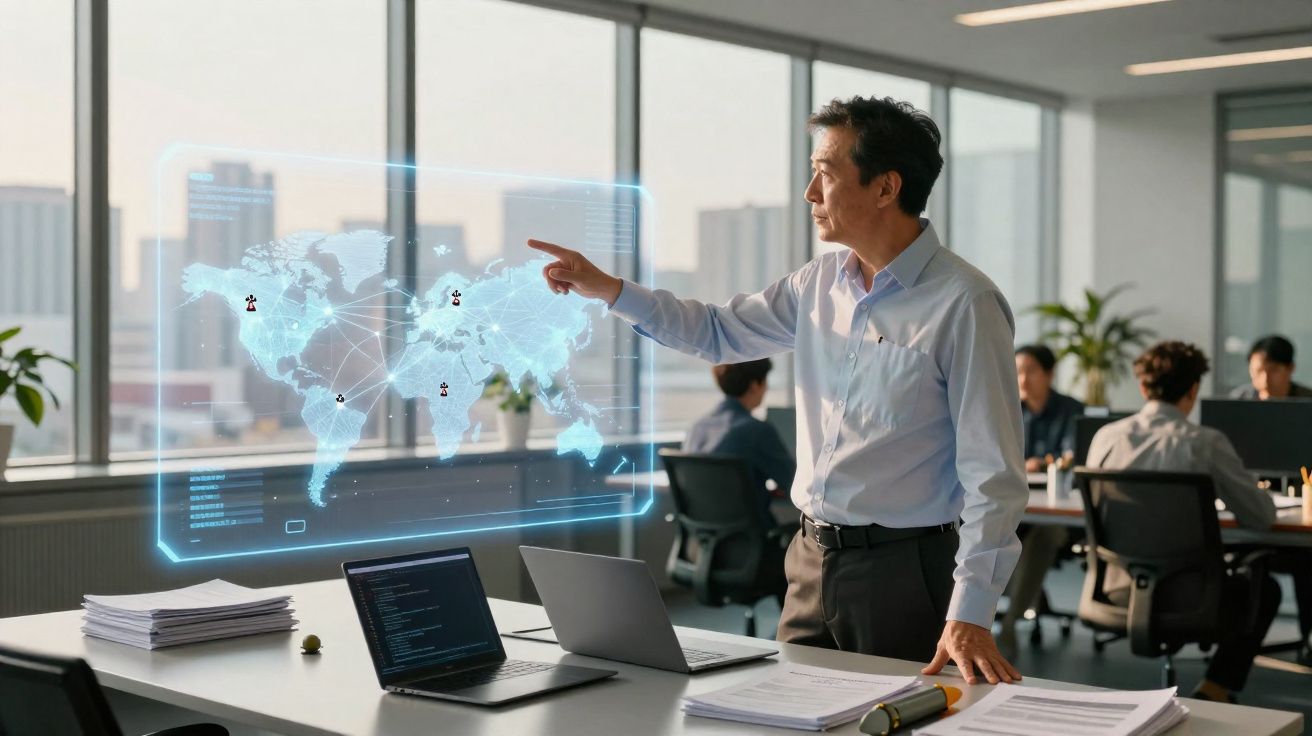 Homem em escritório moderno interage com mapa holográfico do mundo em reunião de trabalho.