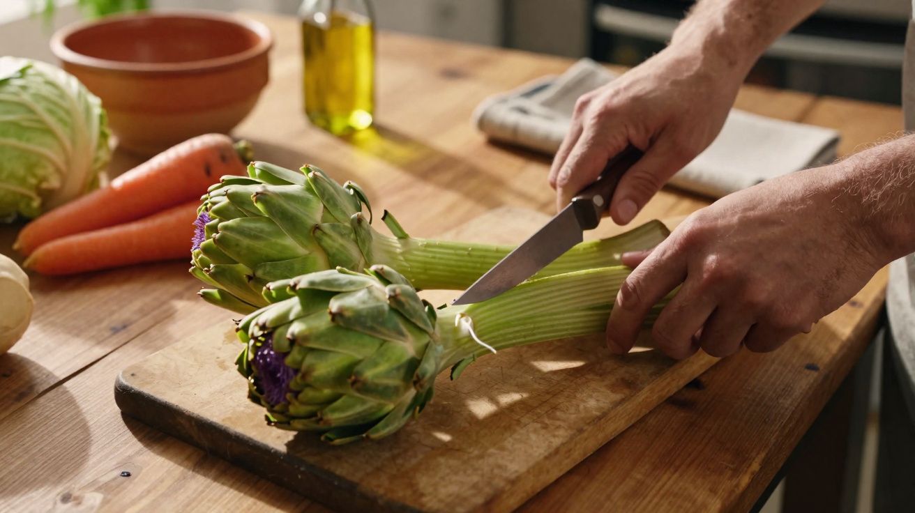 Mãos cortam talos de alcachofras numa tábua de madeira numa cozinha com vegetais ao fundo.