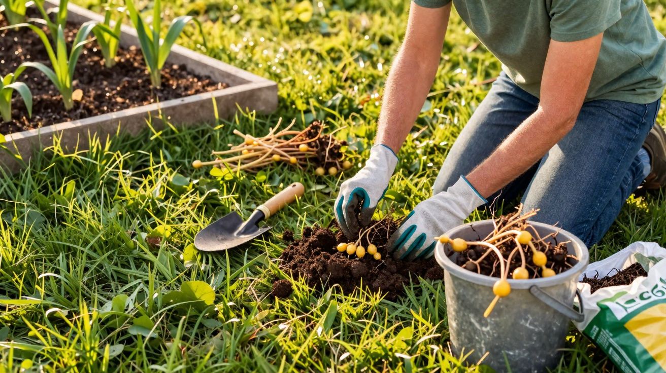Pessoa a plantar bolbos numa horta ensolarada, com luvas e ferramentas de jardinagem.