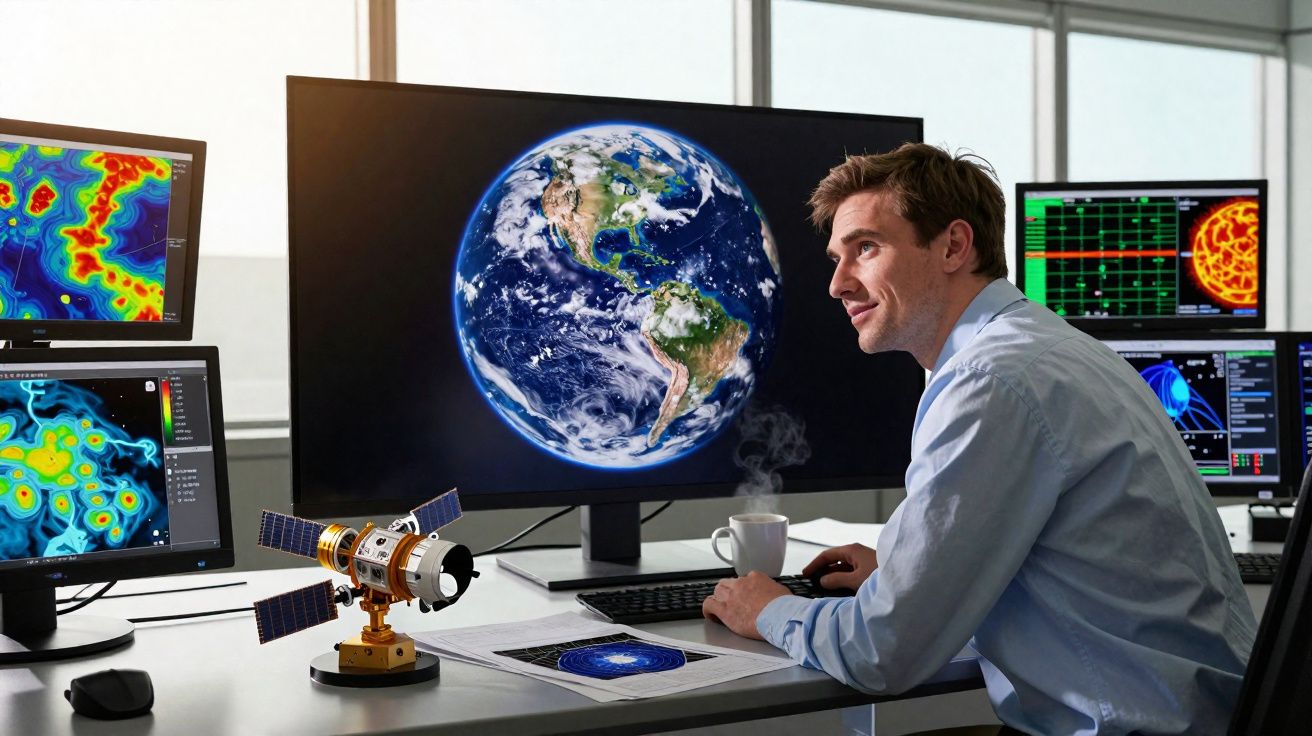 Homem a trabalhar em escritório com múltiplos ecrãs exibindo imagens da Terra e dados científicos.