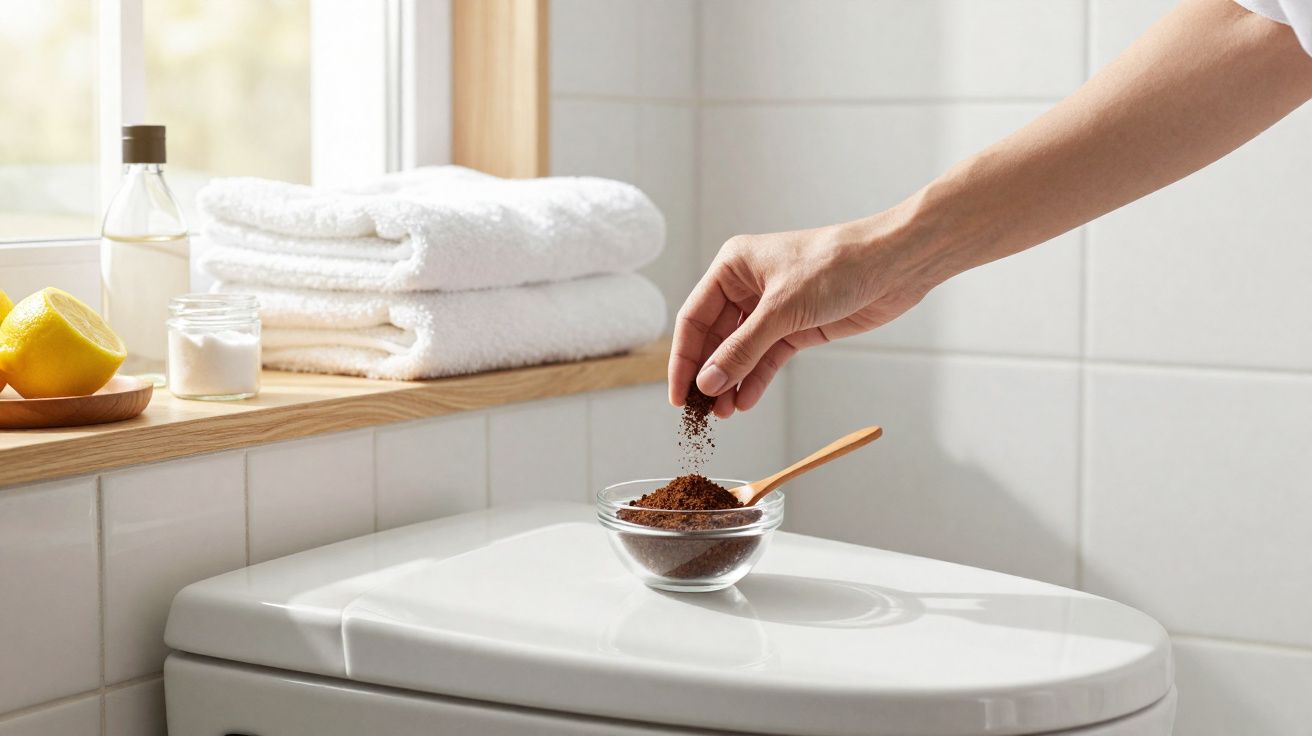 Mão a colocar café moído numa tigela de vidro sobre tampa de sanita, toalhas e limão ao fundo.