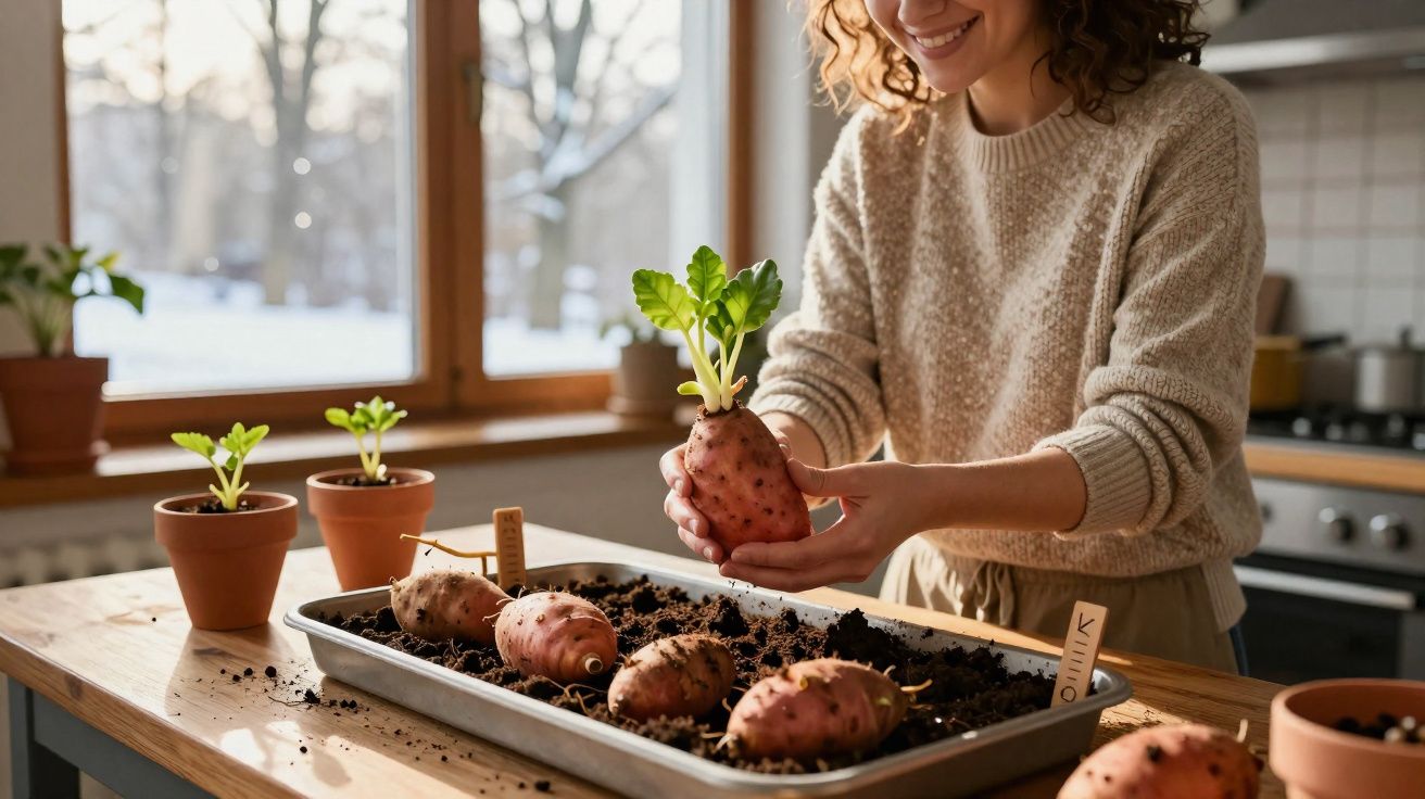 Mulher a plantar batatas-doces em tabuleiro com terra, dentro de uma cozinha iluminada.