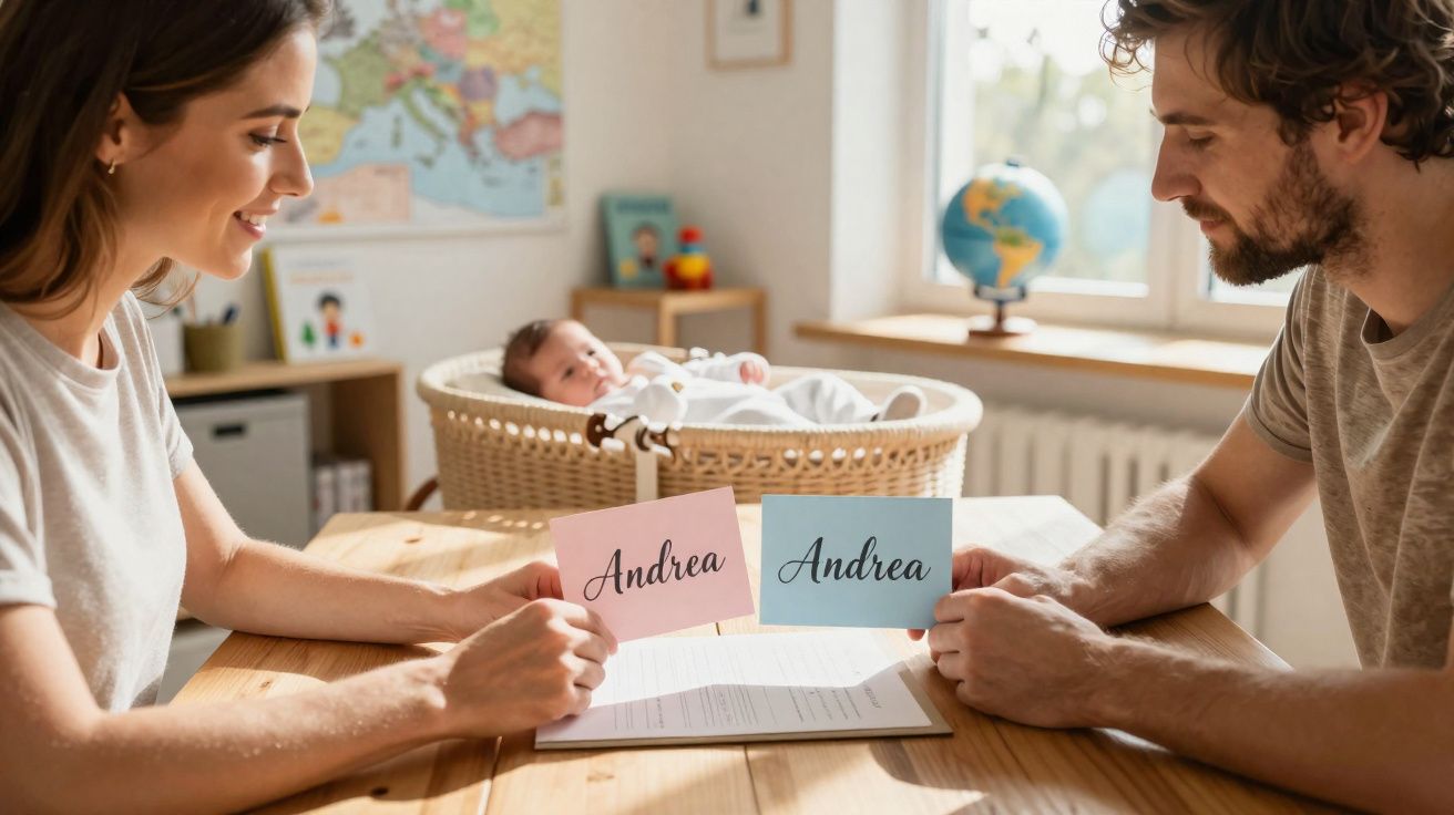 Casal sentado à mesa escolhe nomes para bebé lendo dois cartões com "Andrea" em rosa e azul.