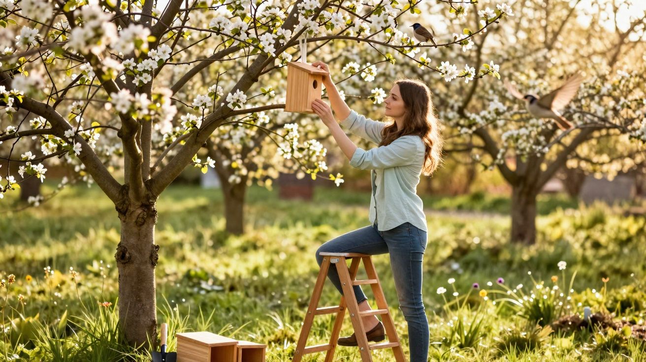 Mulher numa escada a colocar uma casinha de pássaros numa árvore florida num pomar na primavera.