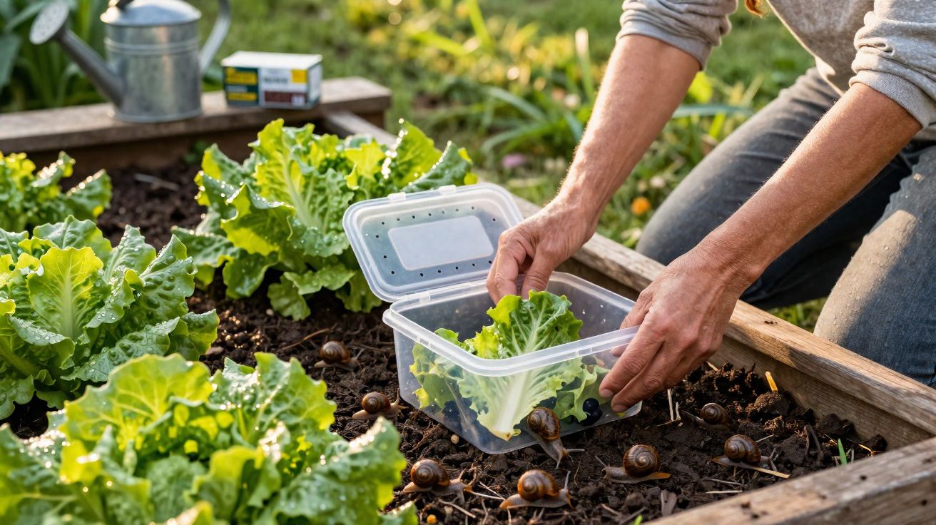Pessoa a colher alface numa caixa plástica numa horta com várias lesmas no solo.