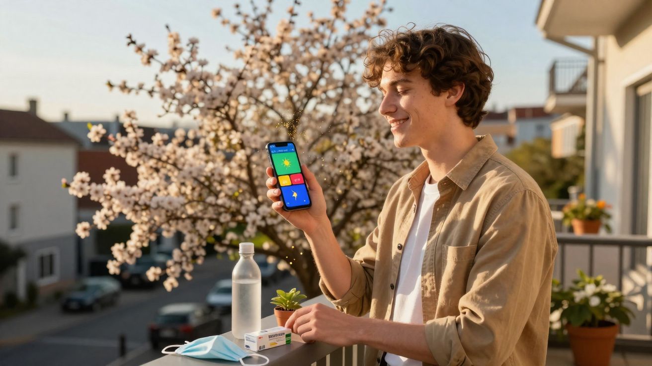 Jovem sorridente na varanda a mostrar a aplicação do tempo no telemóvel, com árvore em flor ao fundo.