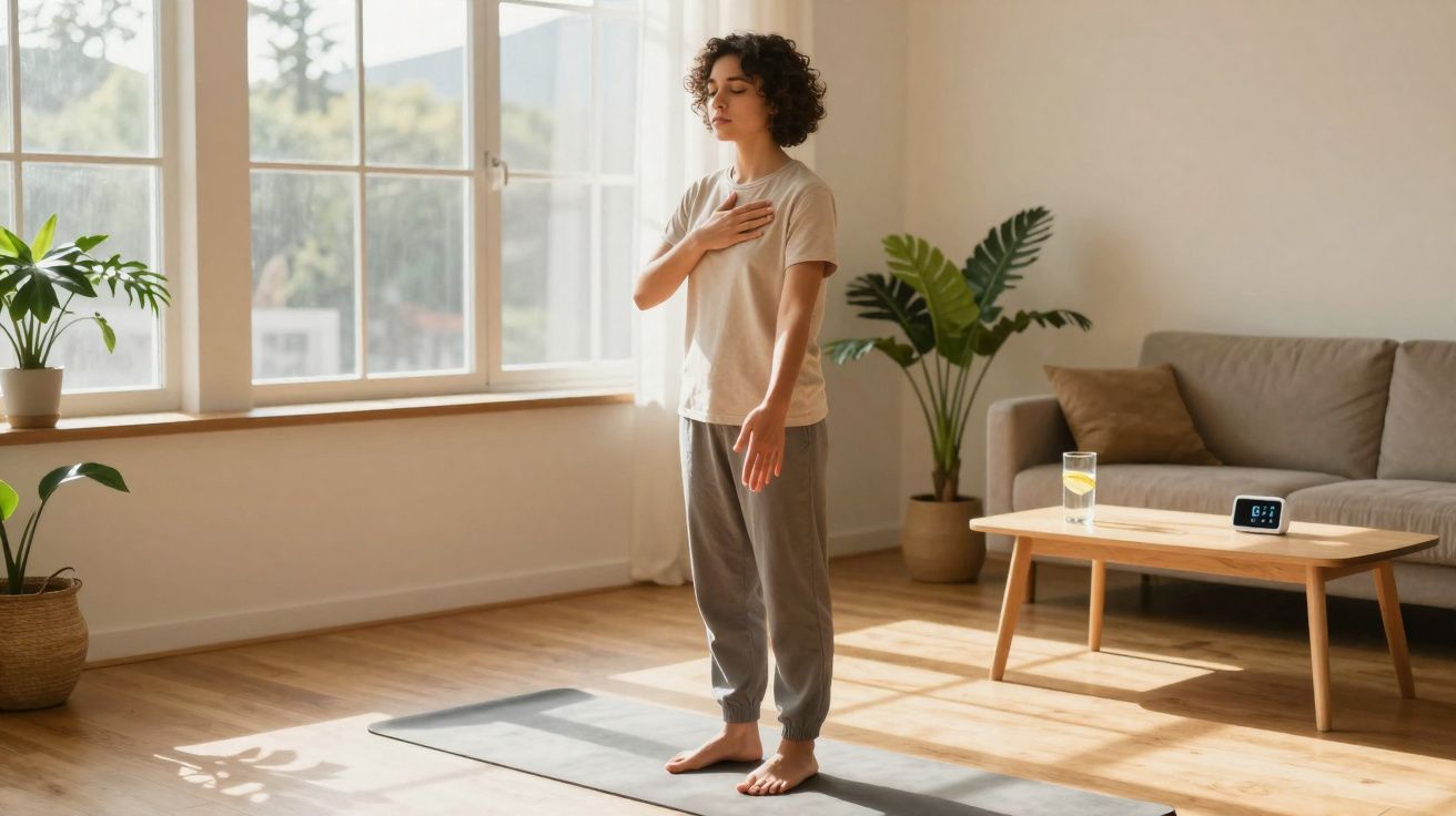 Mulher a praticar respiração consciente num tapete de yoga numa sala iluminada por luz natural.