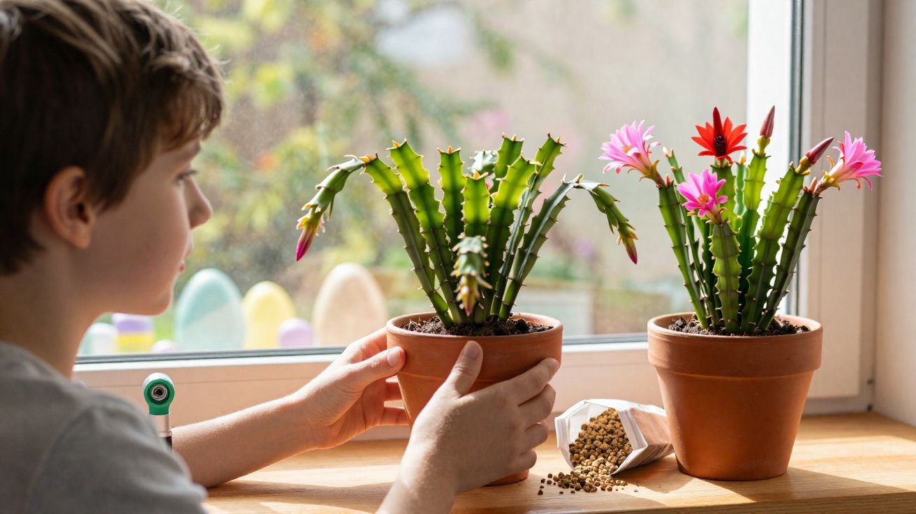 Criança segura vaso com cacto ao lado de outro cacto florido numa janela com luz natural.