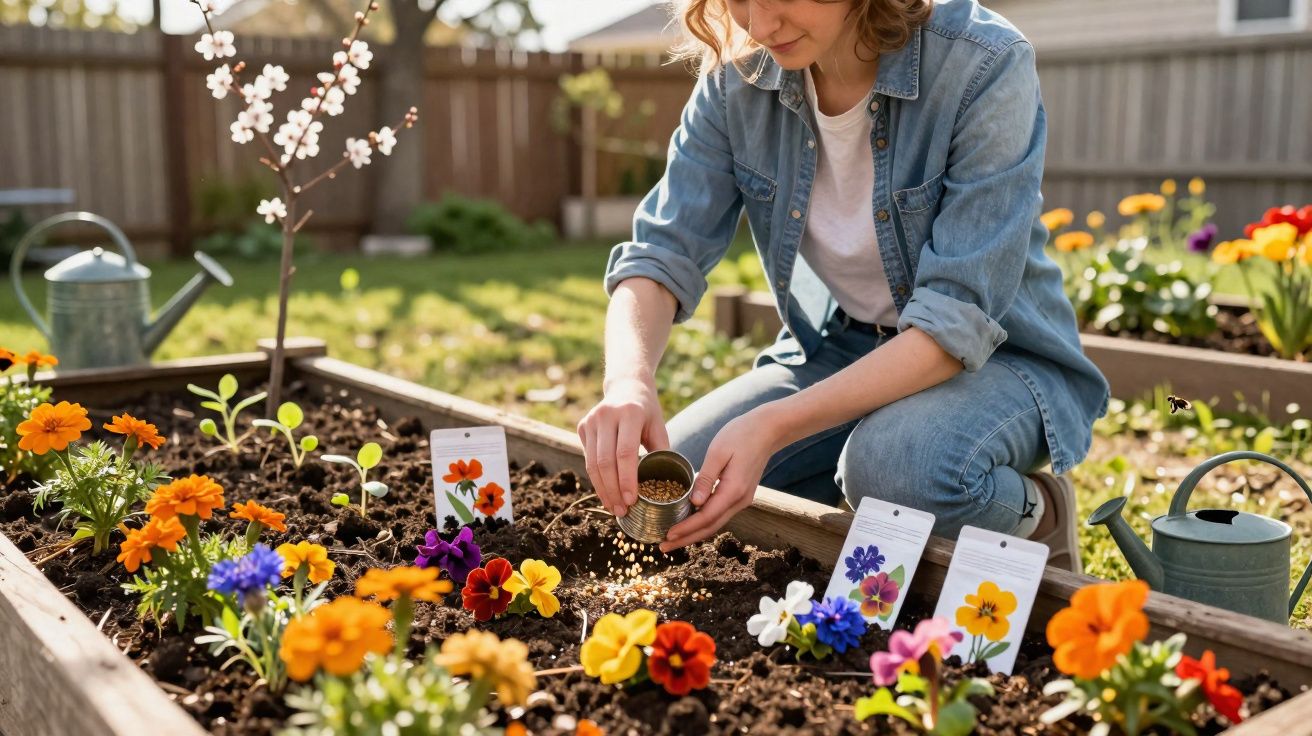 Pessoa a semear flores coloridas num canteiro numa manhã de primavera.