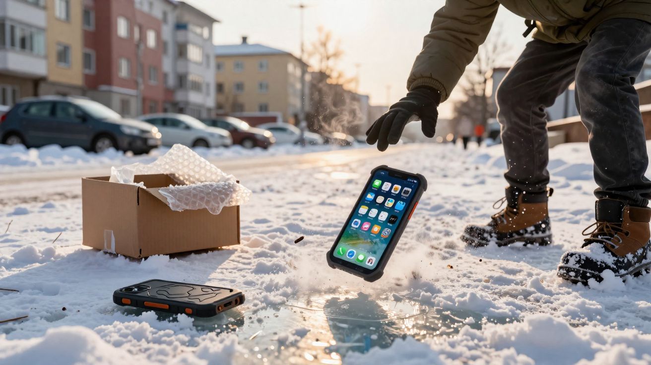 Pessoa deixa cair telemóvel à beira de gelo e neve, com caixa aberta e outro telemóvel no chão.