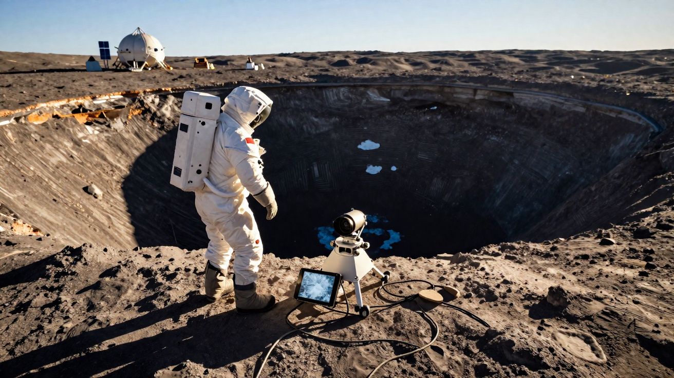 Astronauta em fato espacial observa cratera profunda numa superfície árida com equipamento tecnológico ao lado.