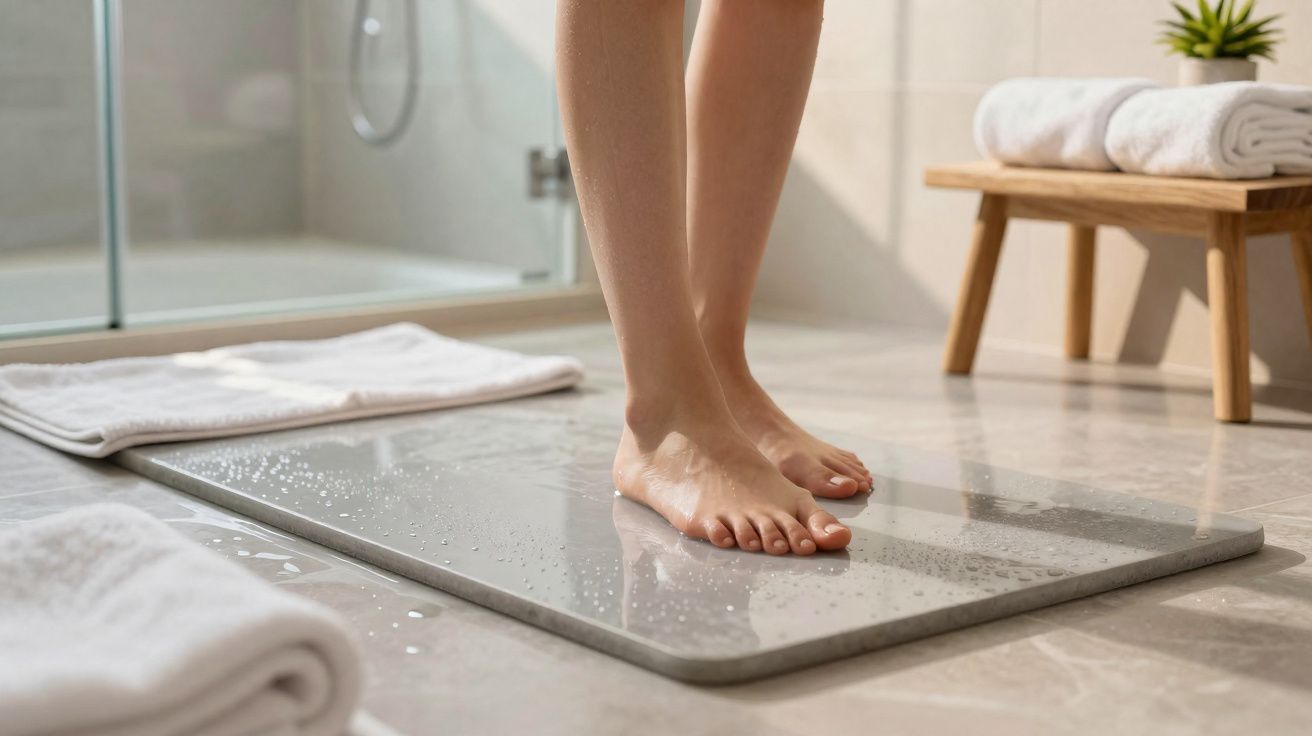Pés descalços numa base de secagem rápida no chão de uma casa de banho moderna com toalhas ao redor.