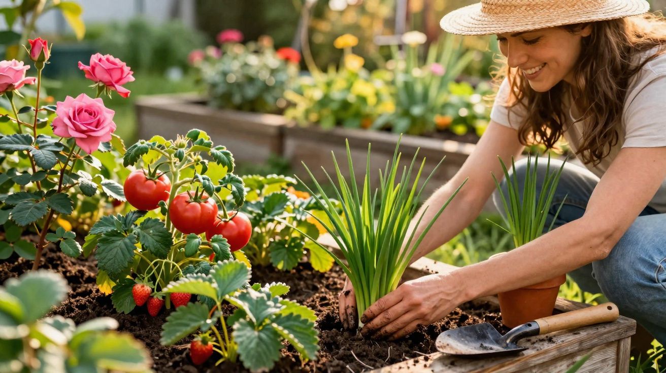 Mulher a plantar cebolo num canteiro com tomates, morangos e rosas cor-de-rosa num jardim.
