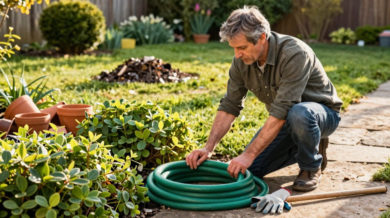 Homem enrola mangueira verde no jardim, rodeado de plantas, vasos e luvas de trabalho no chão.